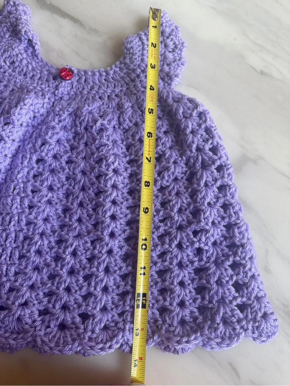 Handmade Crochet Baby Girl Lavender Purple Dress Ladybug Button 6-9 Months